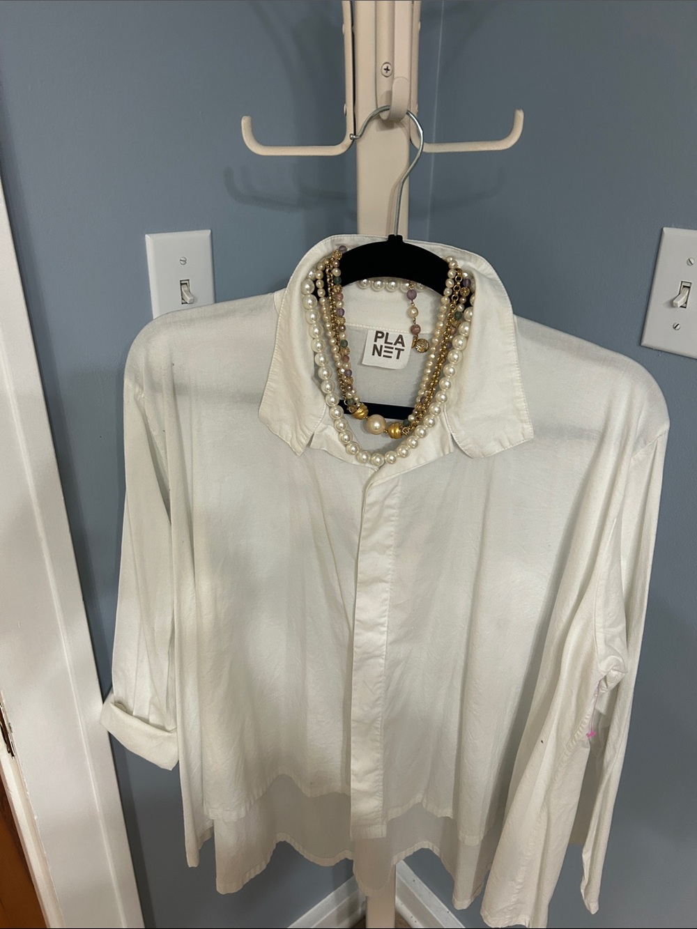 PLA.NET Cream Button-Up Blouse with Layered Pearl Necklaces